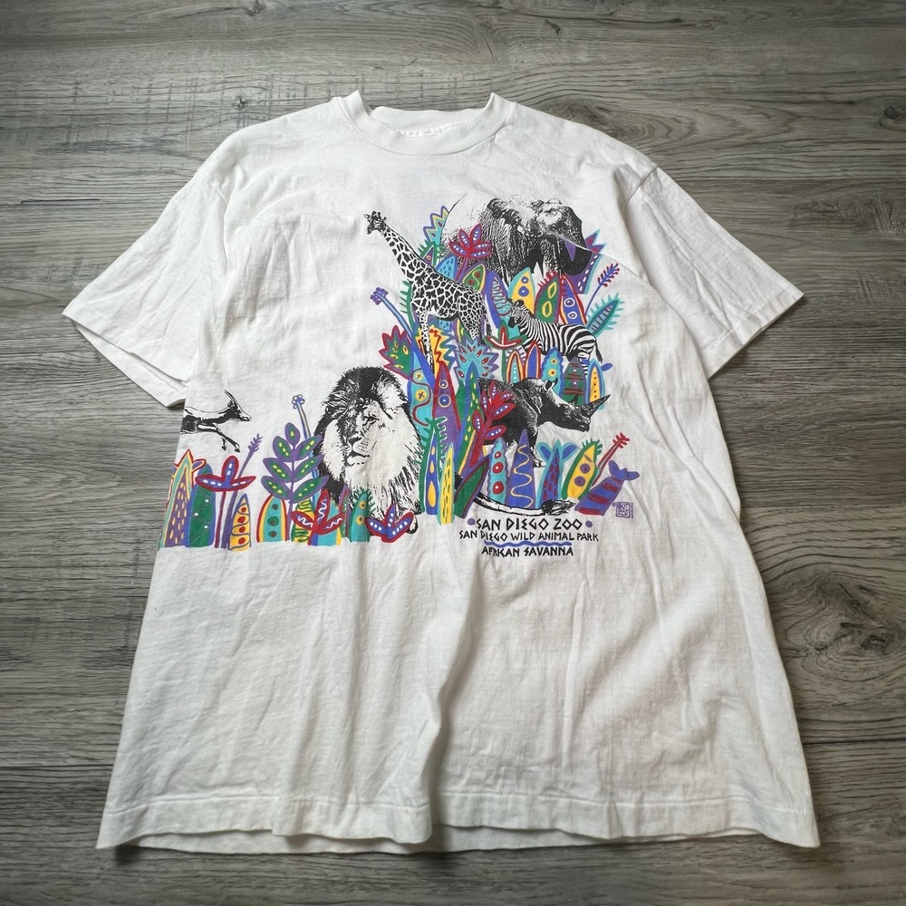 Hanes T-Shirt Mens Large White San Diego Zoo African Savanna 90s Vintage Graphic